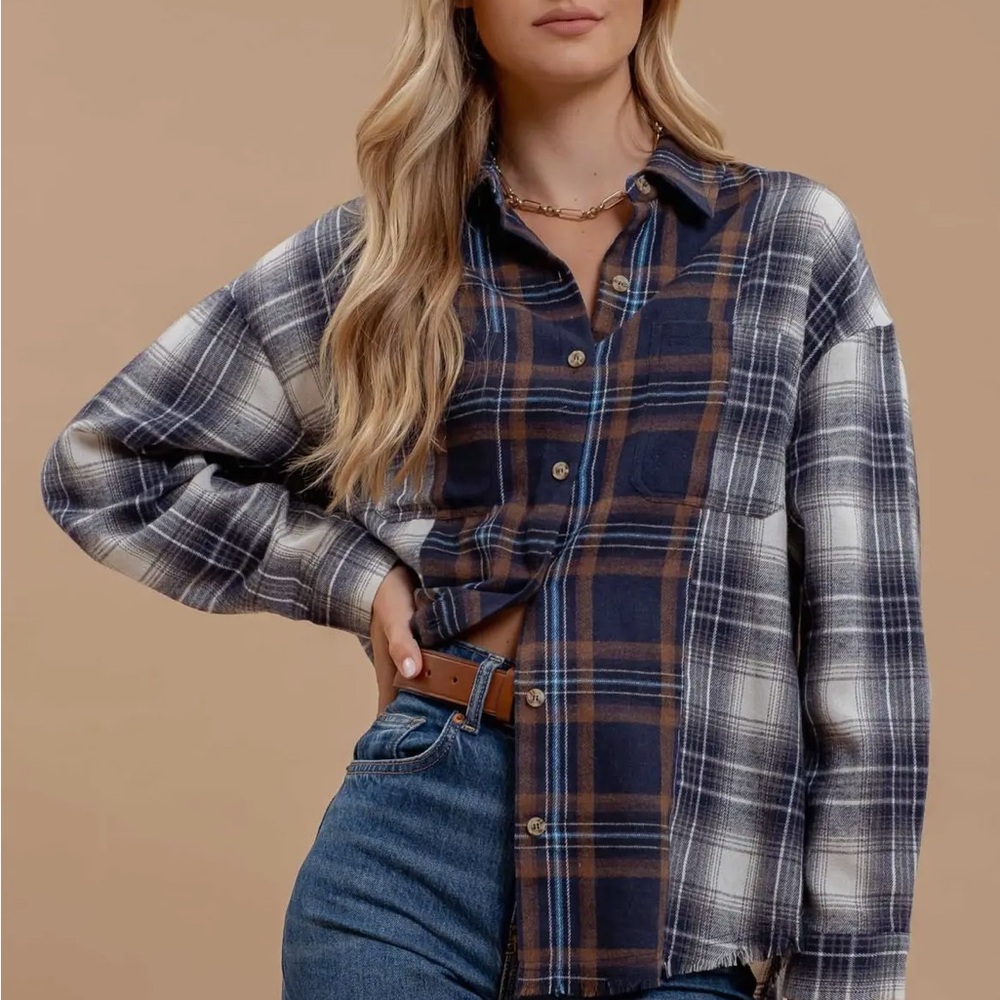 Blu Pepper Plaid Patchwork Button Down Long Sleev… - image 1